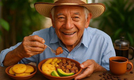 Anciano colombiano disfruta una picada tradicional con arepas y chicharrones sobre mesa rústica, resaltando cultura y gastronomía local.