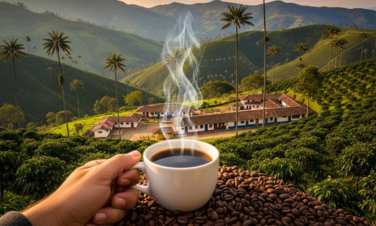 Mano sosteniendo una taza de café humeante sobre una pila de granos de café, con una finca cafetera tradicional rodeada de verdes cultivos y palmas altas en un paisaje montañoso al fondo, al amanecer.
