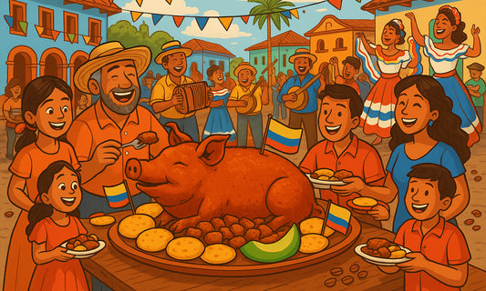 Celebración colombiana con lechona entera en plaza de pueblo, rodeada de familias, música folclórica y ambiente festivo tradicional.