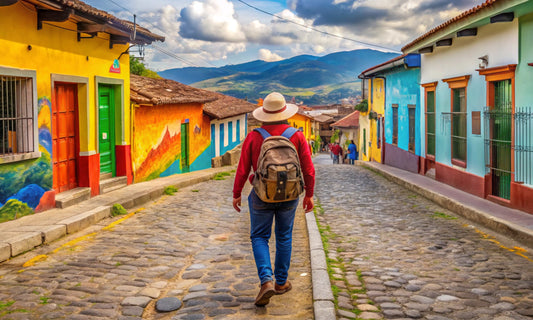 Una vibrante escena callejera de Colombia. En primer plano, se ve a una persona con sombrero y mochila observando la calle.