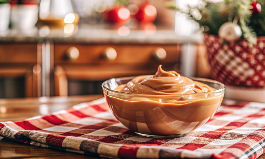 Dulce de Leche en un bol pequeño en una cocina muy bonita con el fondo desenfocado