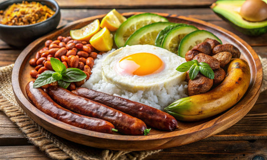 Bandeja Paisa comida típica de la ciudad de Medellín del Pais de Colombia compuesta de frijoles, arroz, aguacate,, plátano, salchicha, huevo y carne molida servida en platos apoyados sobre mesa de madera
