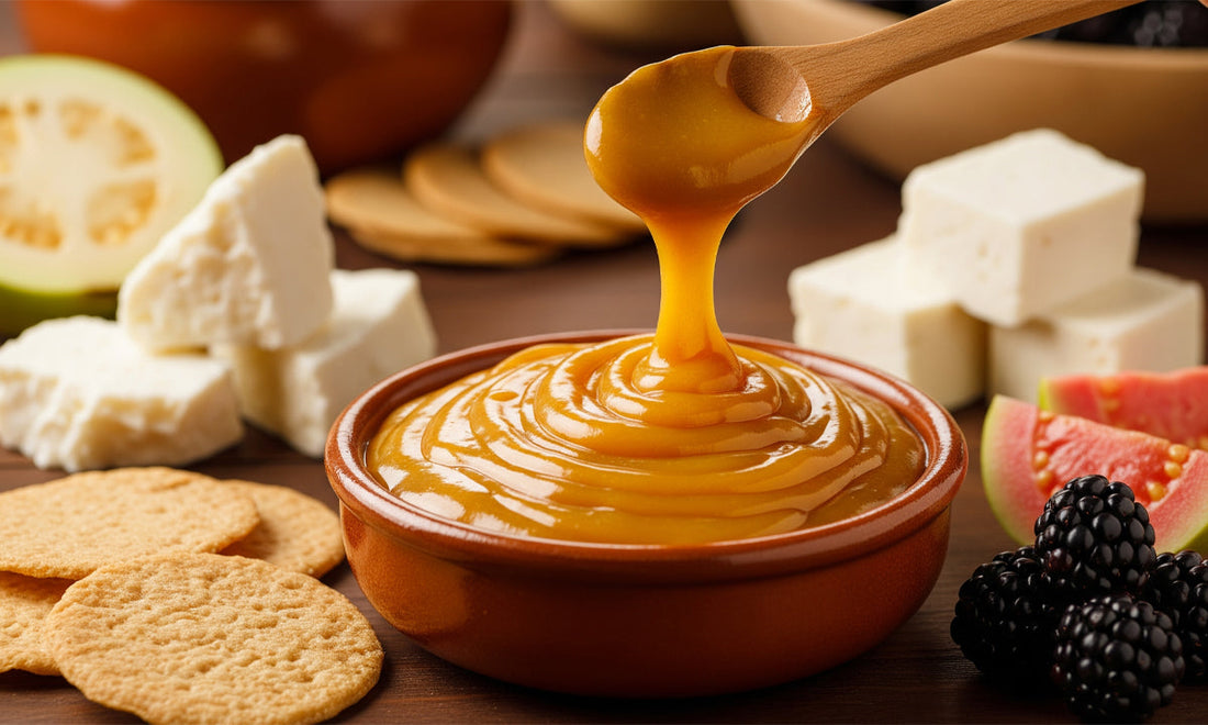 A close-up shot of a small, rustic brown bowl filled with arequipe or dulce de leche. A wooden spoon is suspended over the bowl, dripping a stream of the caramel back into the swirl. 