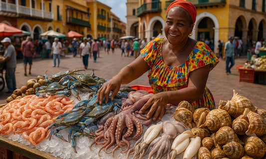 Mujer sonriente vendiendo mariscos frescos en un mercado al aire libre en Cartagena, Colombia. La imagen muestra la riqueza de los productos del mar colombiano y la calidez de su gente.