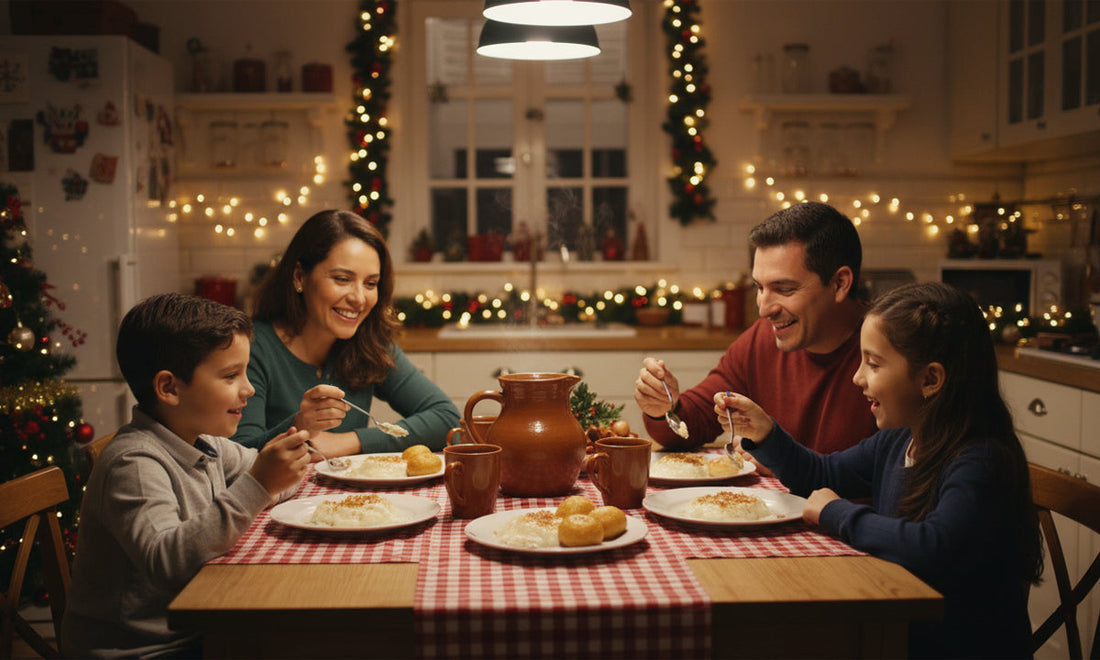 Familia reunida en cocina decorada para Navidad, compartiendo cena sobre mesa rústica con mantel rojo y blanco, rodeados de luces, guirnaldas y árbol navideño.