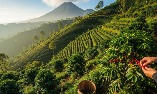 Una vista panorámica de un extenso cafetal en terrazas que sube por la ladera de una montaña, con un volcán o pico brumoso en la distancia.