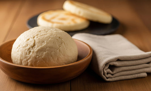 Masa de harina de maíz blanca, suave y redonda, en un cuenco de madera. Detrás, dos arepas redondas y cocidas, ligeramente doradas, se apoyan en una tabla de pizarra negra, junto a una servilleta de tela de lino doblada sobre una mesa de madera.