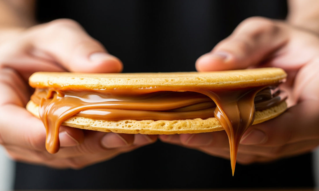 Postre colombiano oblea siendo sostenida en dos manos con arequipe rebosado