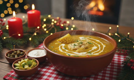 Sopa navideña de pollo y maíz servida sobre mantel rojo y blanco, acompañada de aguacate, crema agria y alcaparras, con decoración festiva, velas encendidas y chimenea al fondo.