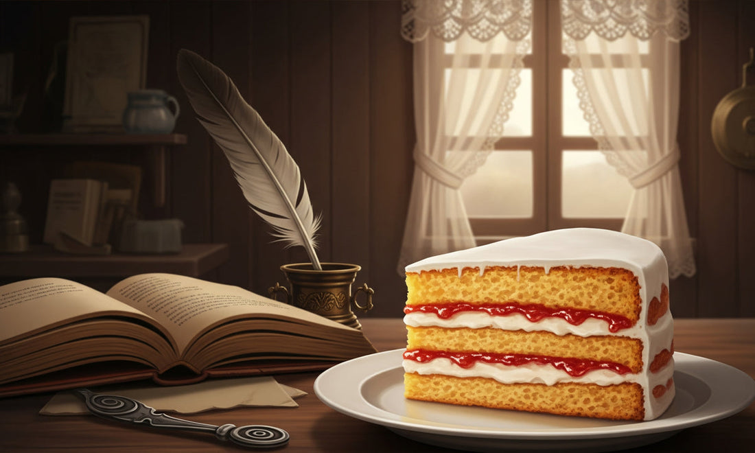 A generous slice of Torta María Luisa colombiana on a white plate. The cake has white frosting and is filled with alternating layers of white cream and bright red jelly or jam. The setting is dimly lit and old-fashioned, featuring an open book.