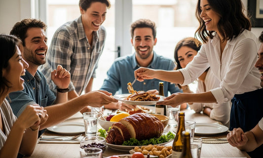 Grupo de amigos sonrientes compartiendo una comida festiva alrededor de una mesa decorada con platos abundantes, incluyendo pan relleno, frutas y carnes, en un ambiente cálido y luminoso.